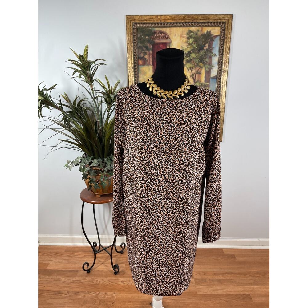 LOFT Shift Dress Women's Small Beige Brown Cheetah Print Quiet Luxury Minimalist